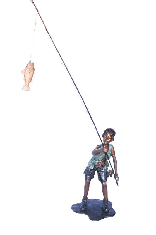 A young boy and his fishing journey bronze statue -  Size: 24"L x 26"W x 47"H.