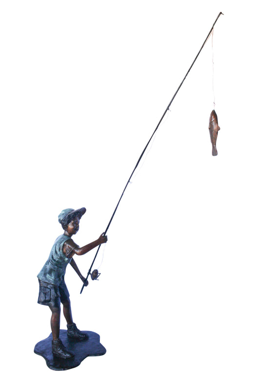 A young boy and his fishing journey bronze statue - Size: 24"L x 26"W x 47"H.