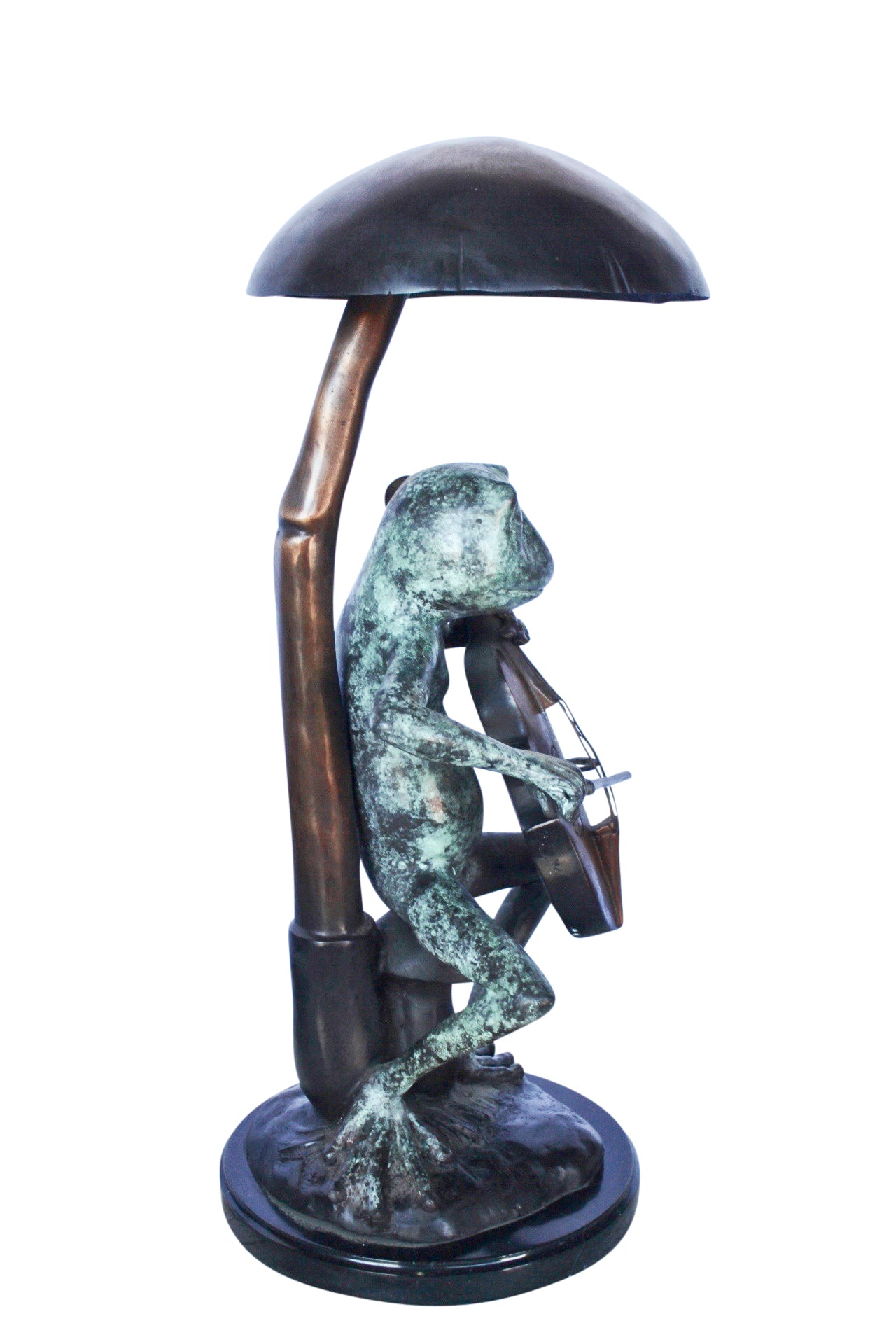 Frog playing cello under mushroom bronze statue - Size: 10"L x 10"W x 24"H.