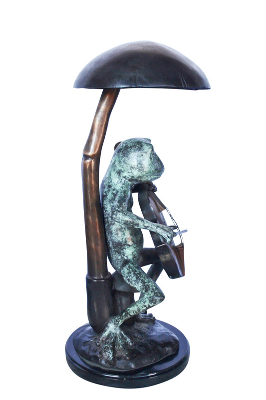 Frog playing cello under mushroom bronze statue -  Size: 10"L x 10"W x 24"H.