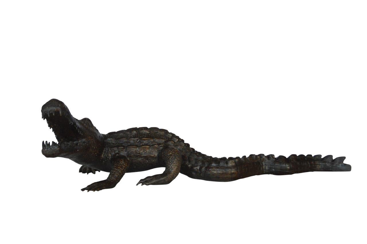 Alligator ready to attack bronze statue -  Size: 36"L x 18"W x 10"H.