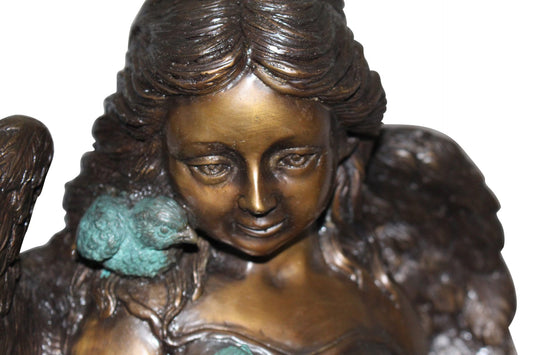 Angel sitting on Column Bronze Statue - Size: 10"L x 9"W x 22"H.