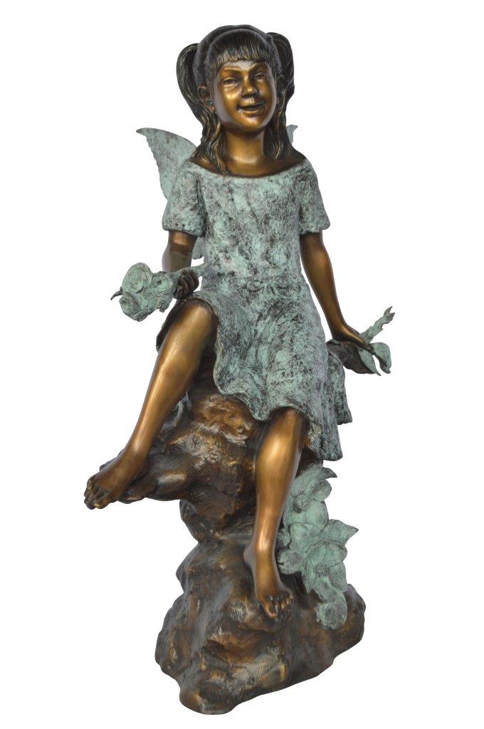 Angel girl sitting with a rose bronze statue -  Size: 22"L x 27"W x 37"H.