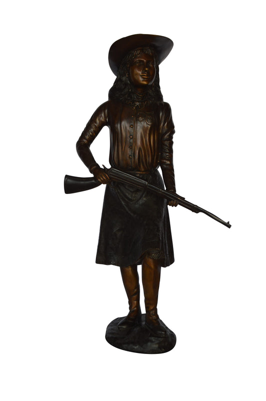 Annie Oakley Bronze Statue Mounted on a Marble Base -  Size: 11"L x 9"W x 33"H.
