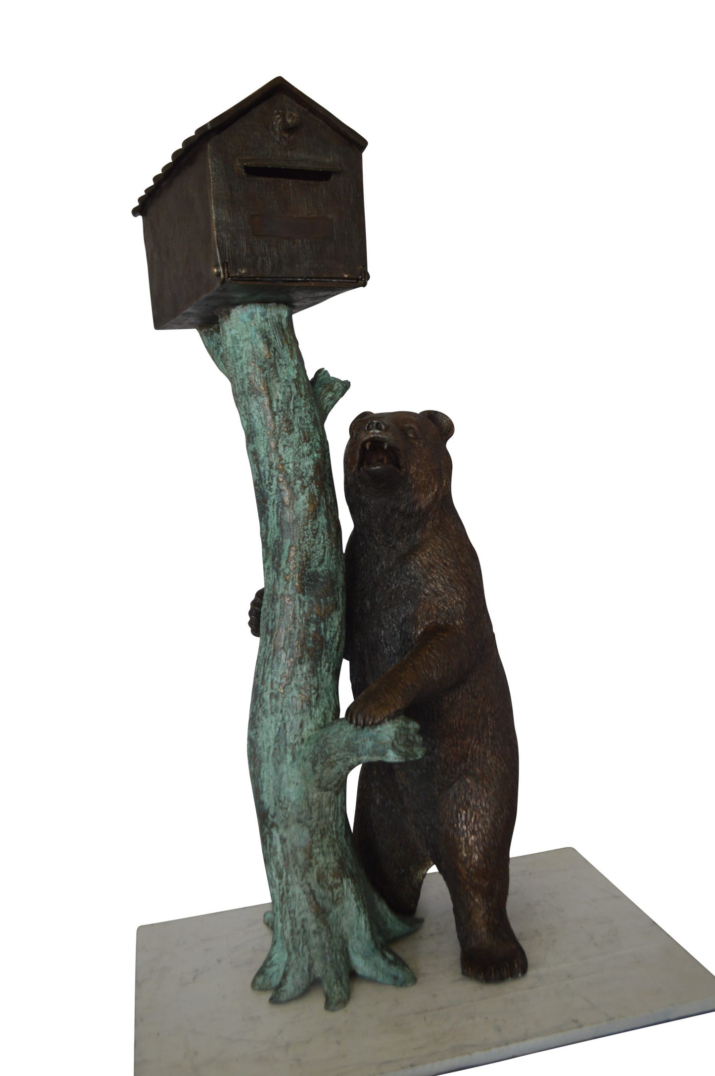 Bear beside a Tree with Mailbox Bronze Statue - Size: 19"L x 20"W x 50"H.