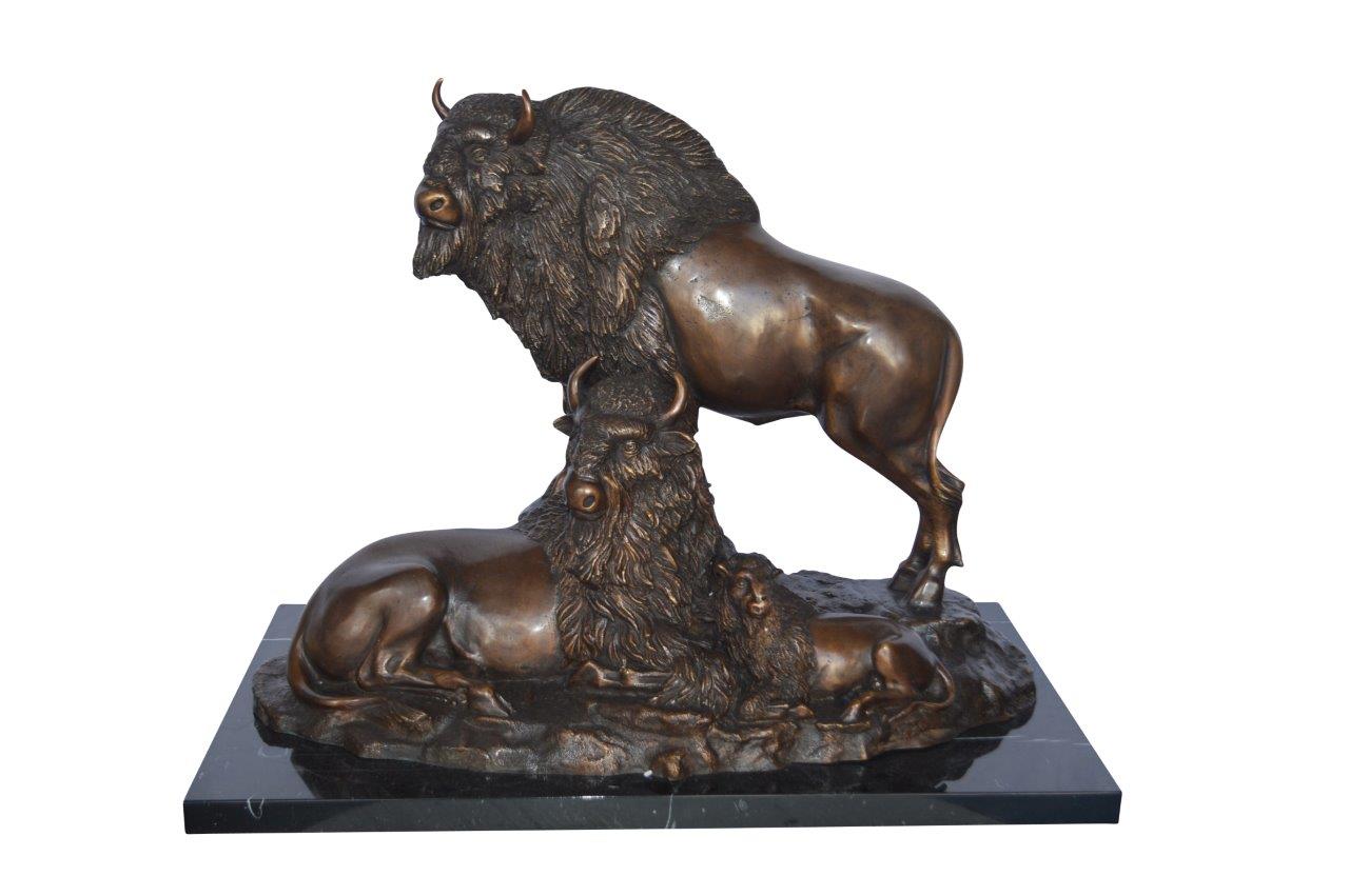 Bison Pack Bronze Statue on A Marble Base -  Size: 14"L x 24"W x 18"H.