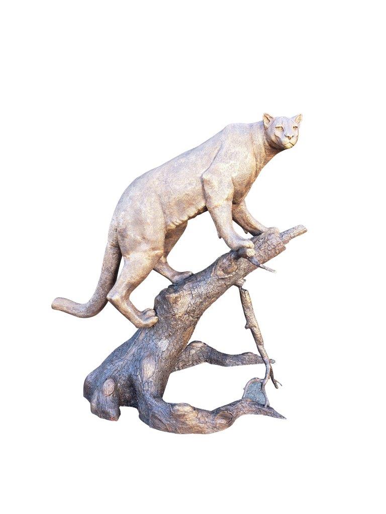 Mountain Lion Going Up a Tree Log Bronze Statue - Size: 42"L x 65"W x 69"H.
