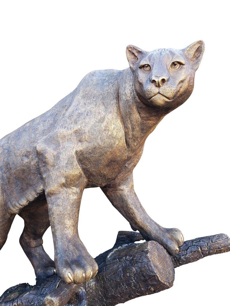 Mountain Lion Going Up a Tree Log Bronze Statue - Size: 42"L x 65"W x 69"H.