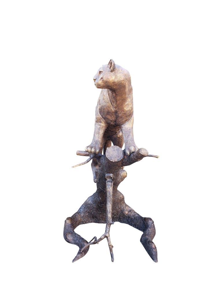Mountain Lion Going Up a Tree Log Bronze Statue - Size: 42"L x 65"W x 69"H.