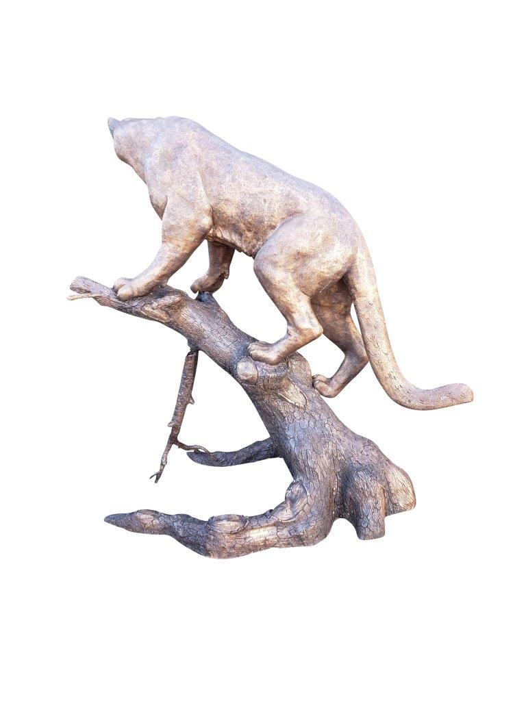 Mountain Lion Going Up a Tree Log Bronze Statue - Size: 42"L x 65"W x 69"H.