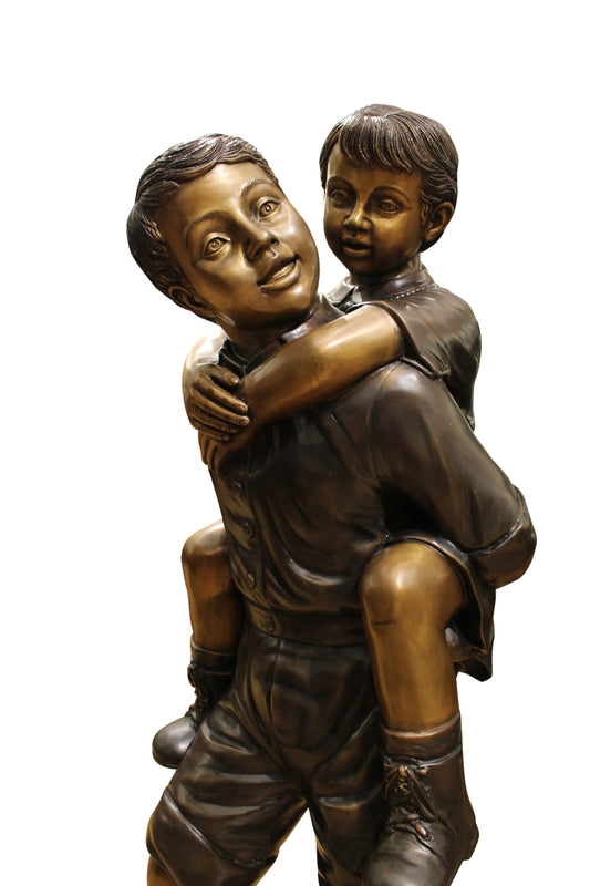 Boy Giving Girl Piggyback Ride Bronze Statue - Size: 23"L x 16"W x 46"H.