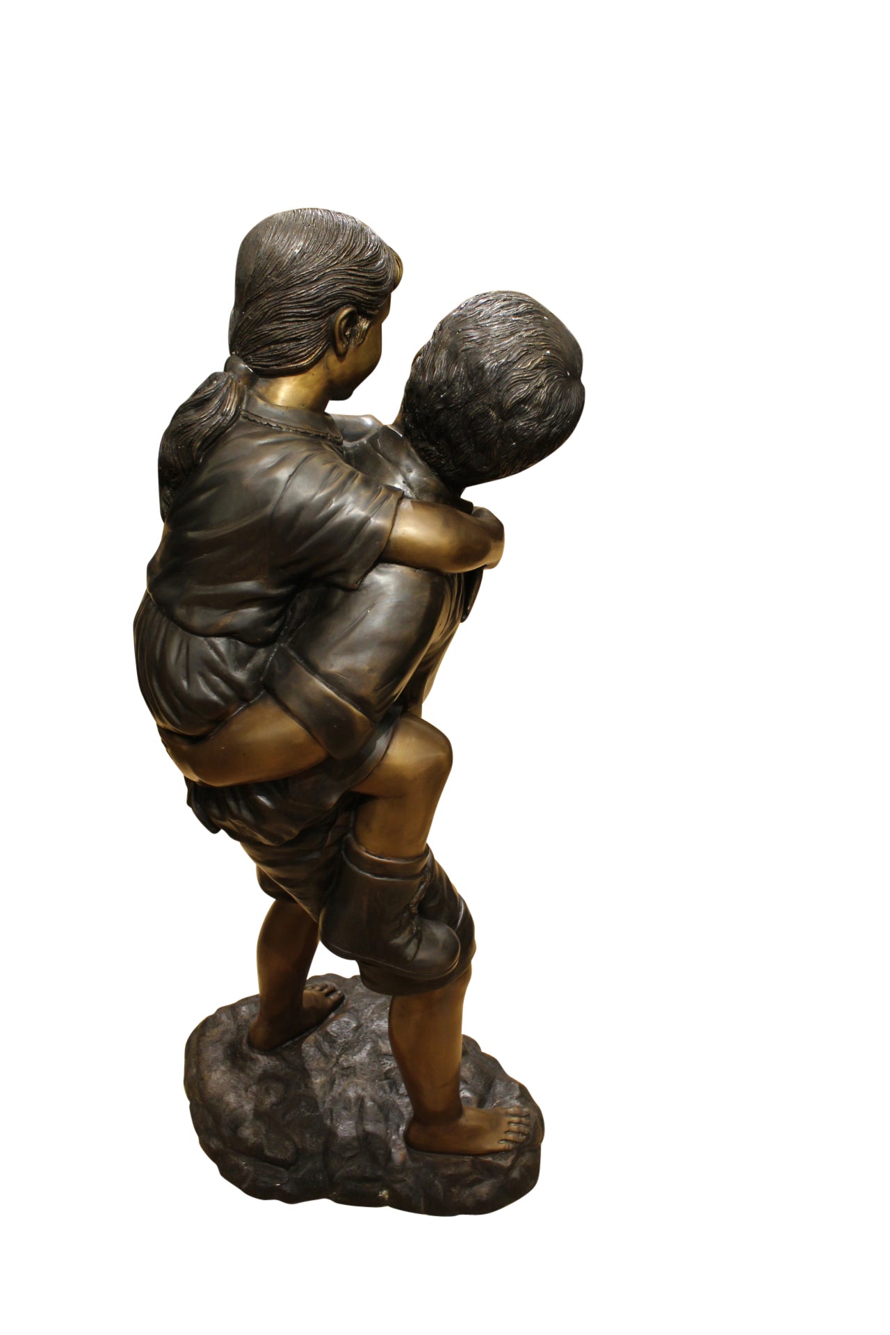Boy Giving Girl Piggyback Ride Bronze Statue -  Size: 23"L x 16"W x 46"H.