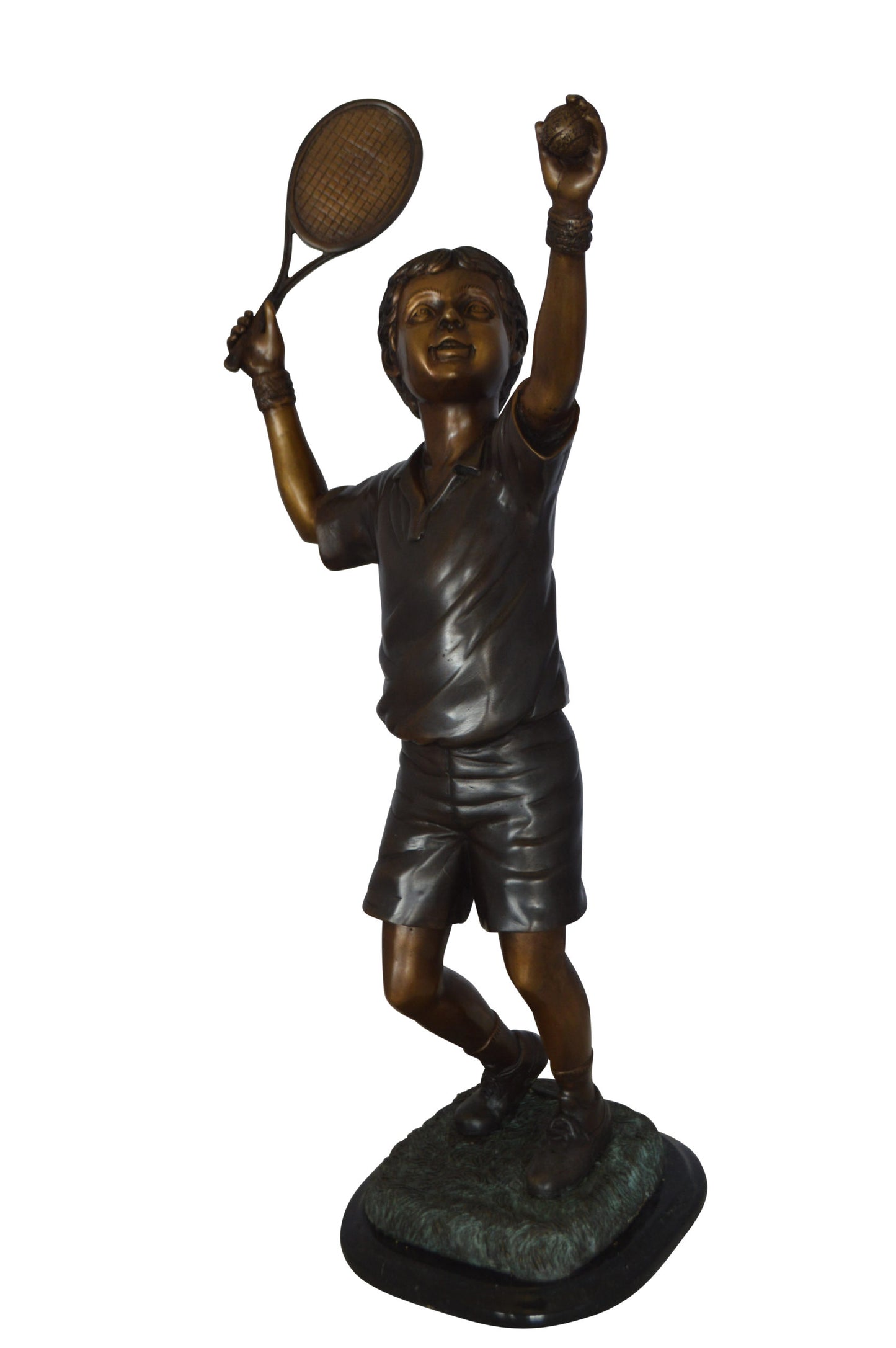 Boy Playing Tennis Bronze Statue - Size: 12"L x 8"W x 25"H.