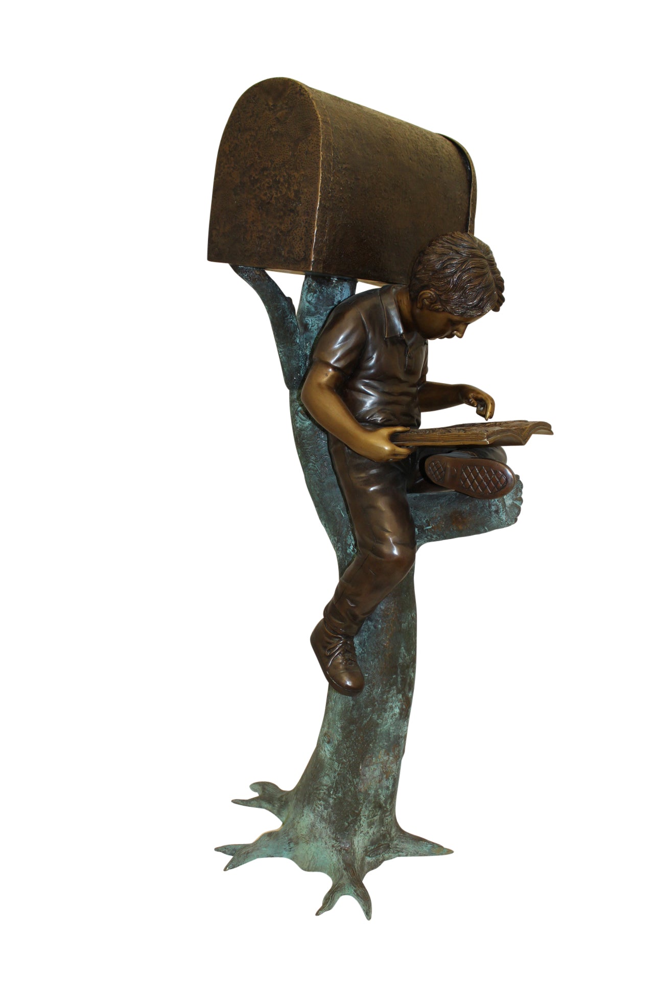 Boy Sitting by a Mailbox reading a book Bronze Statue - 16"L x 20"W x 50"H.