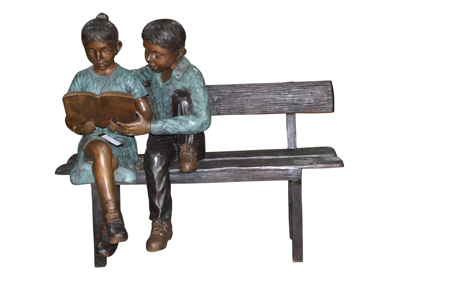 Boy and a Girl on Bench reading book bronze Statue - Size: 43"L x 20"W x 36"H.