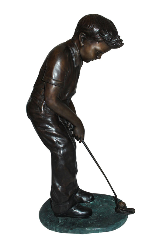 Boy plays golf Bronze Statue - Size: 14"L x 18"W x 37"H.