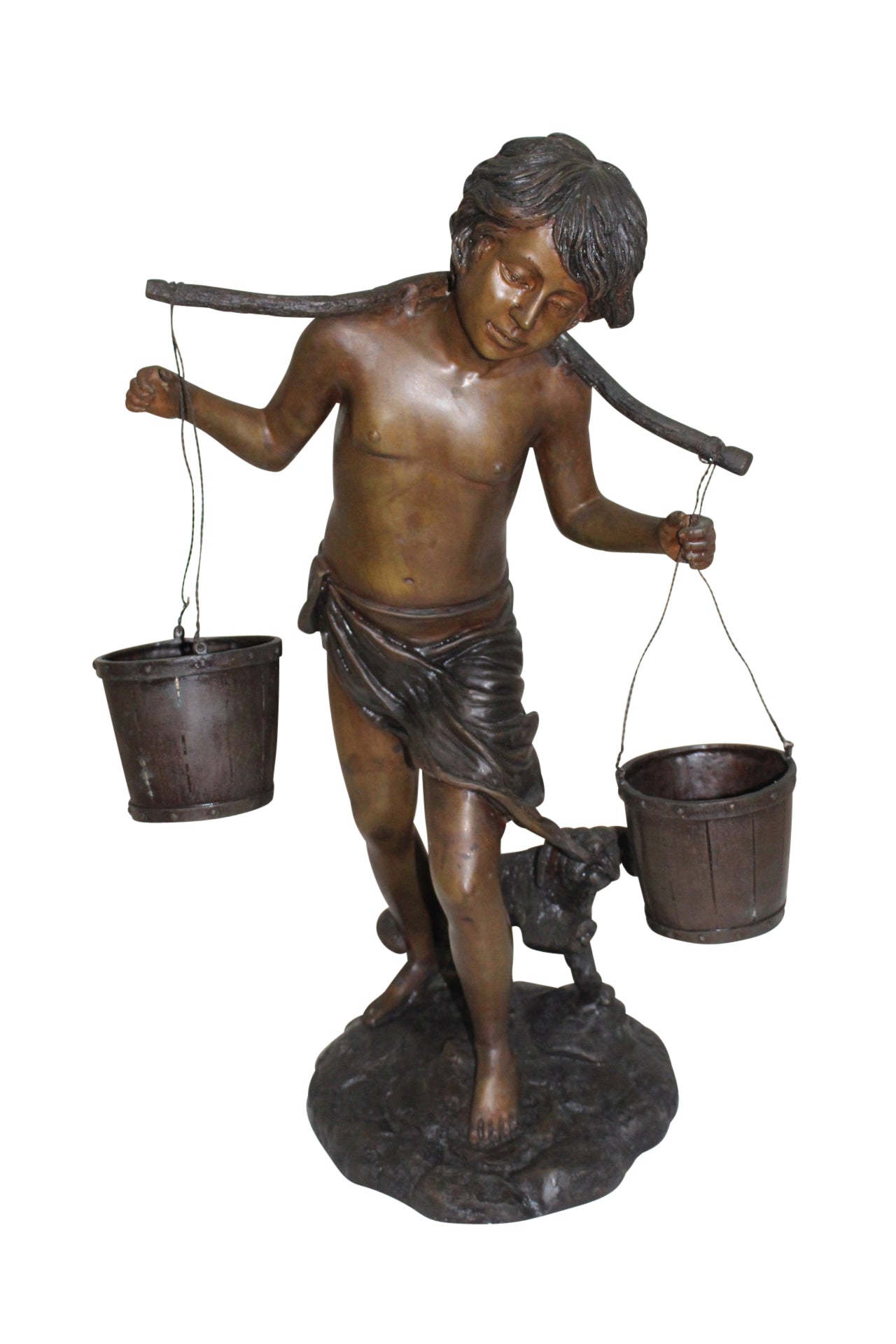 Boy with two buckets Bronze Statue - Size: 14.5"L x 10"W x 23"H.