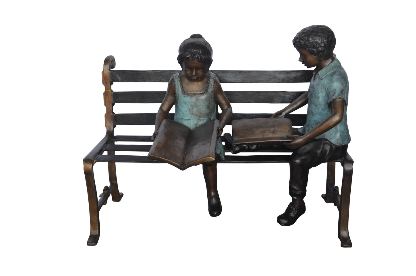 Boy And Girl Reading Books on Bench Bronze Statue - Size: 48"L x 29"W x 39"H.