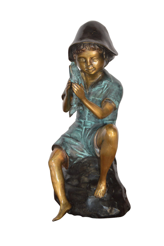 Boy Holding a Fish Bronze Statue Fountain -  Size: 8"L x 9"W x 18"H.
