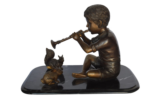 Boy With Rabbit And Squirrel Bronze Statue -  Size: 22"L x 13"W x 16"H.