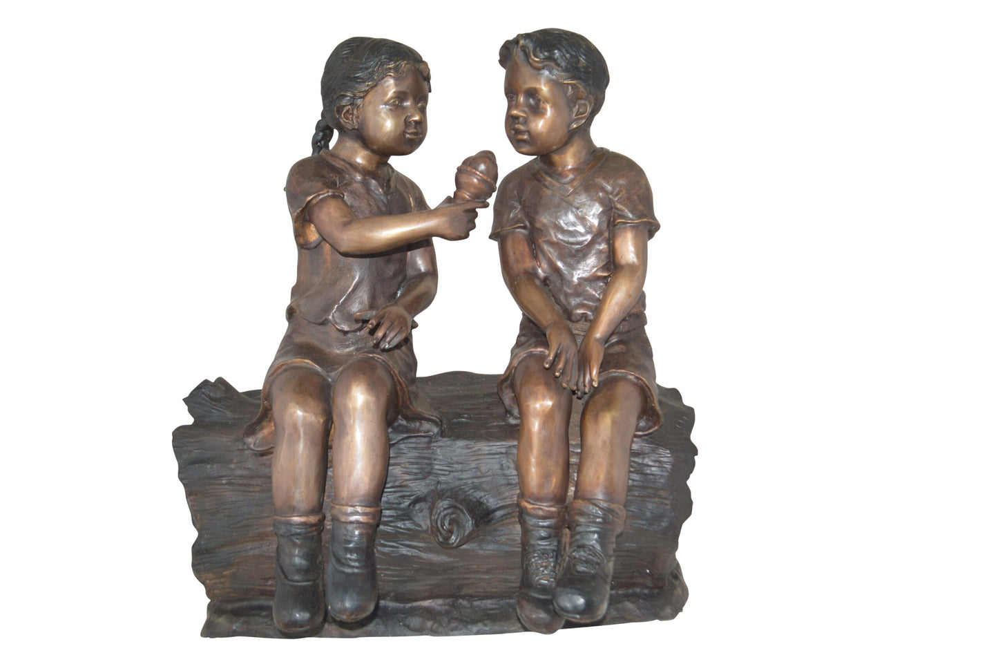 Boy and Girl enjoying an ice-cream bronze statue -  Size: 28"L x 24"W x 33"H.