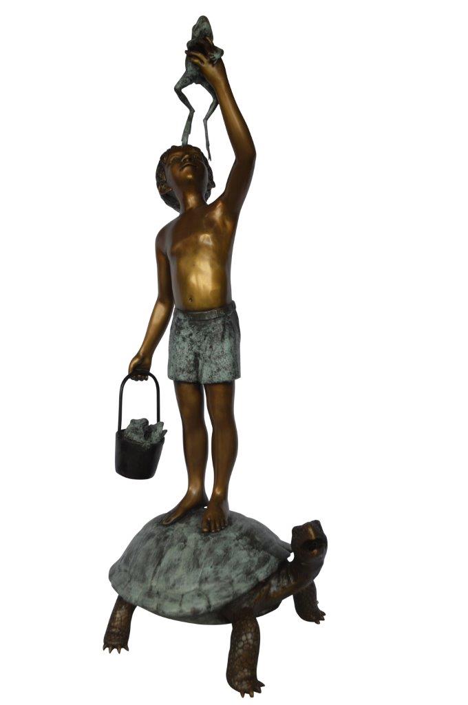 Boy on turtle holding frog bronze fountain statue - Size: 24"L x 18"W x 55"H.