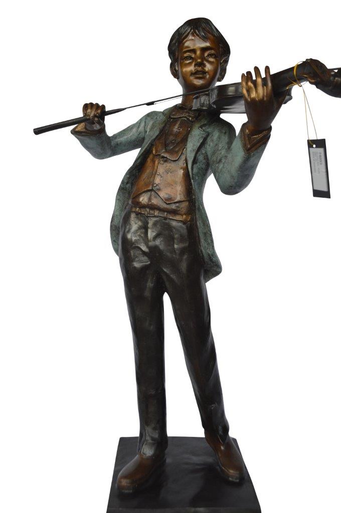 Boy playing violin large bronze statue - Size: 31"L x 31"W x 50"H.