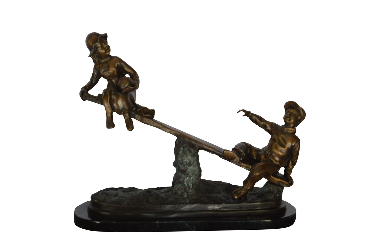 Boys Playing Seesaw on a Marble Base Bronze Statue - Size: 22"L x 8"W x 17"H.