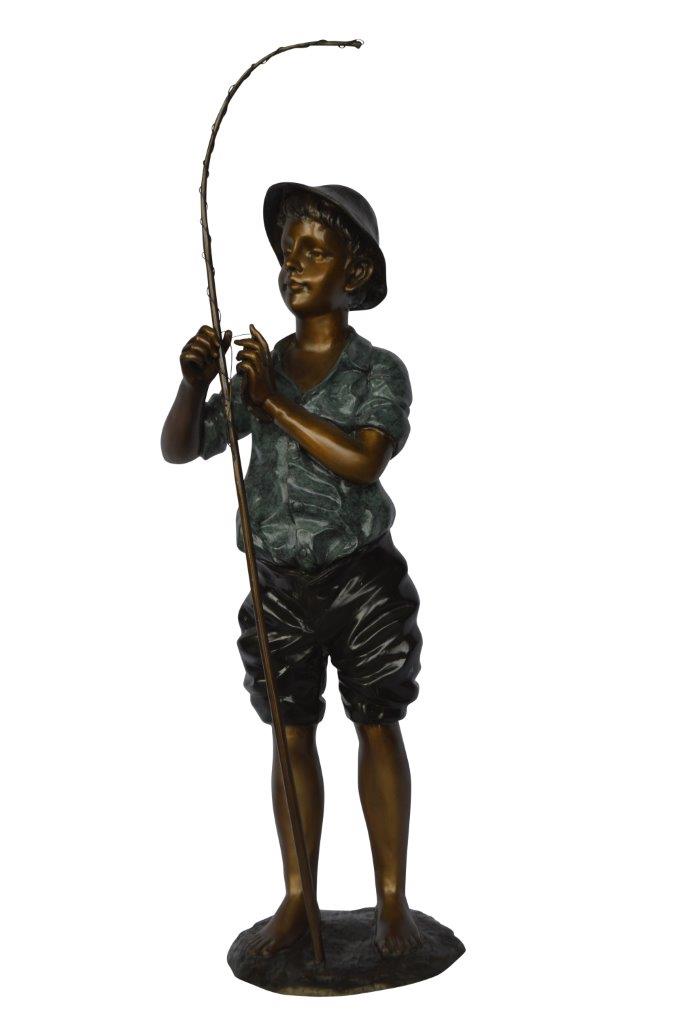 Boy with fishing rod bronze statue - Size: 11"L x 14"W x 44"H.