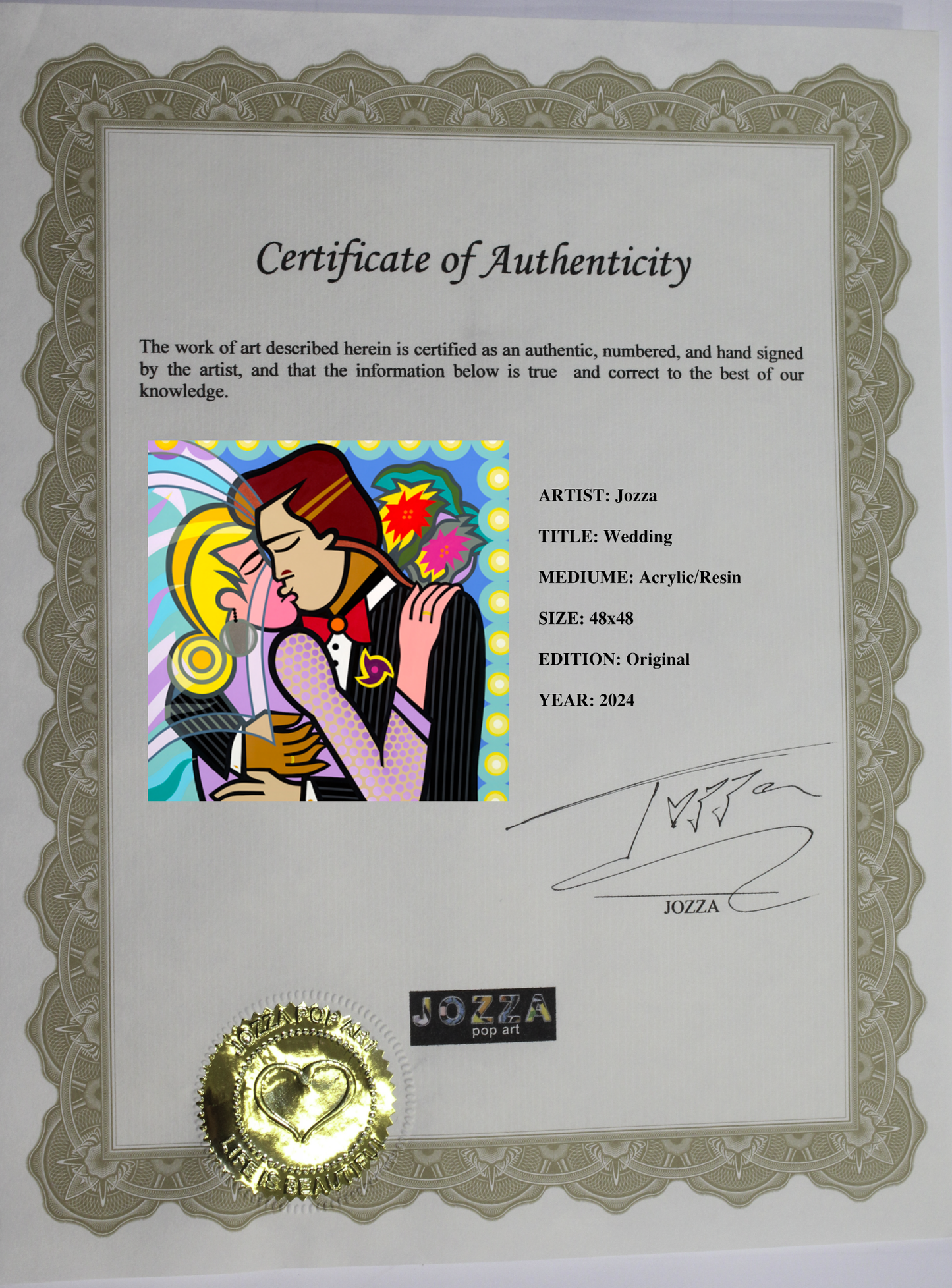 Wedding Kiss, Acrylic Painting, Stretched Canvas, Wall Art by Jozza 48" x 48"