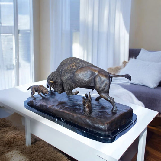 Charging bison v. Wolves bronze statue - Size: 36"L x 17"W x 17"H.