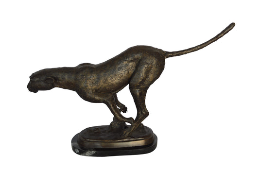 Cheetah Running Bronze Statue on a Marble Base -  Size: 30"L x 9"W x 19"H.