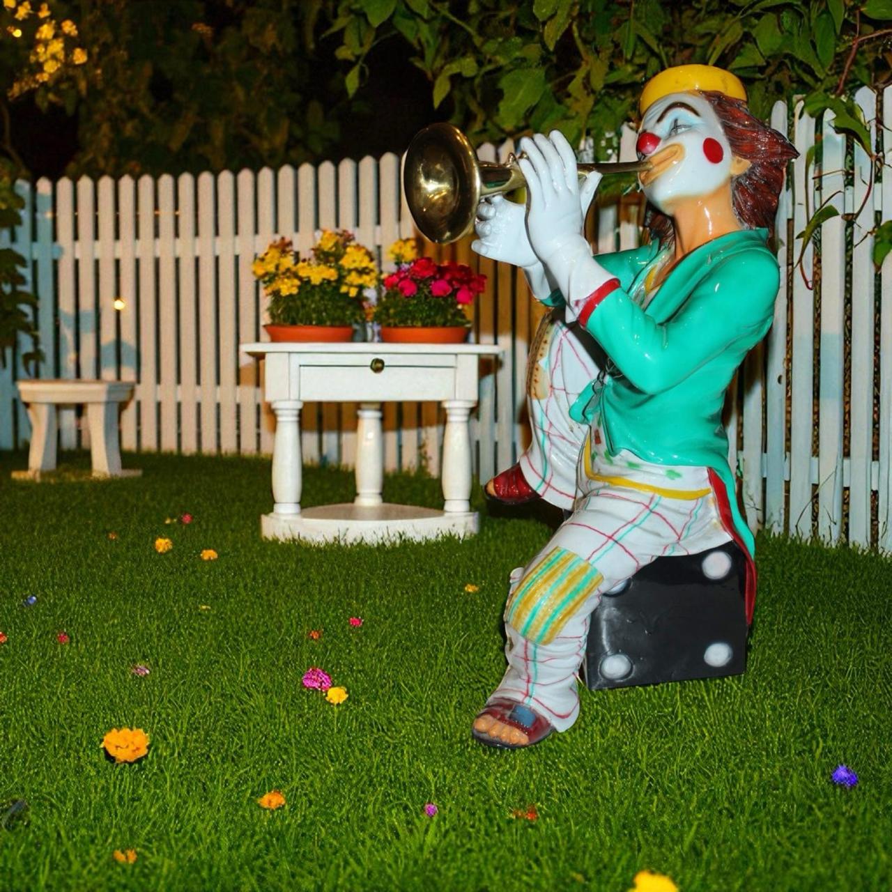 Colorful Clown Playing Instrument Bronze Statue - Size: 18"L x 13"W x 31"H.