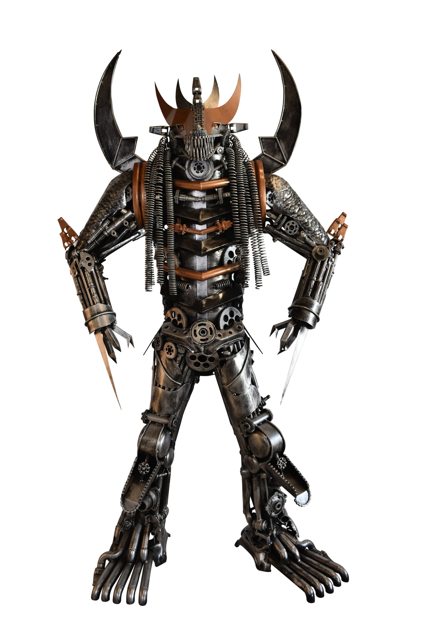 Colorfull impresive Statue of a warrier made of metal scraps 48" x 20" x 82"H