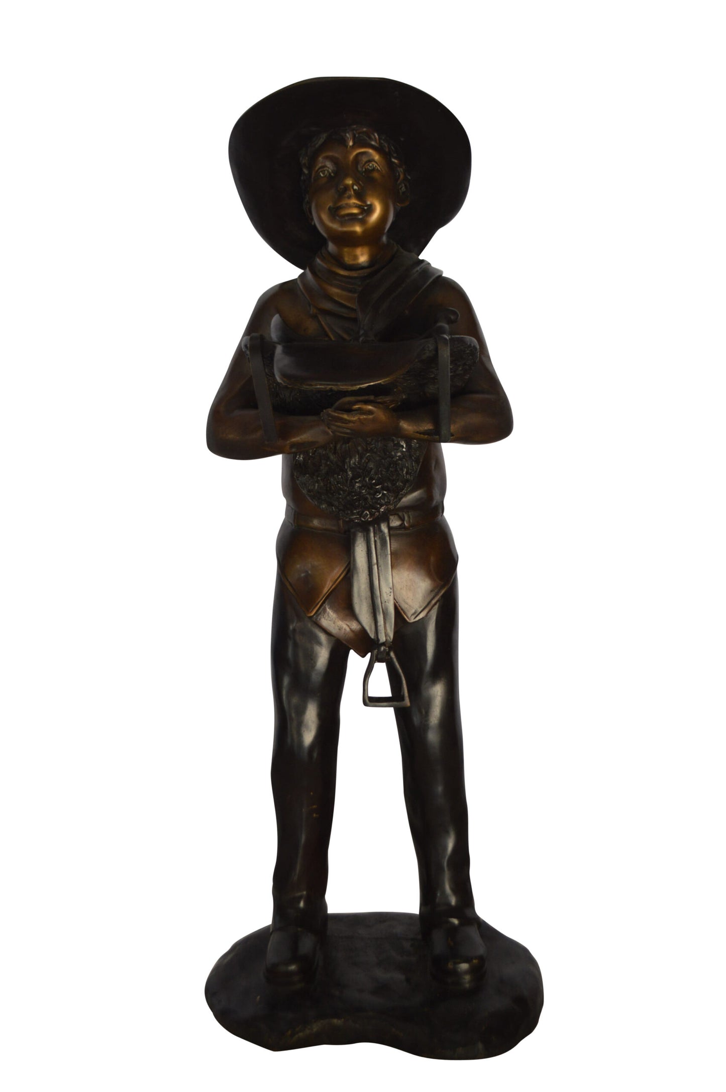 Cowboy Holding a Saddle Bronze Statue  -  Size: 12"L x 11"W x 32"H.