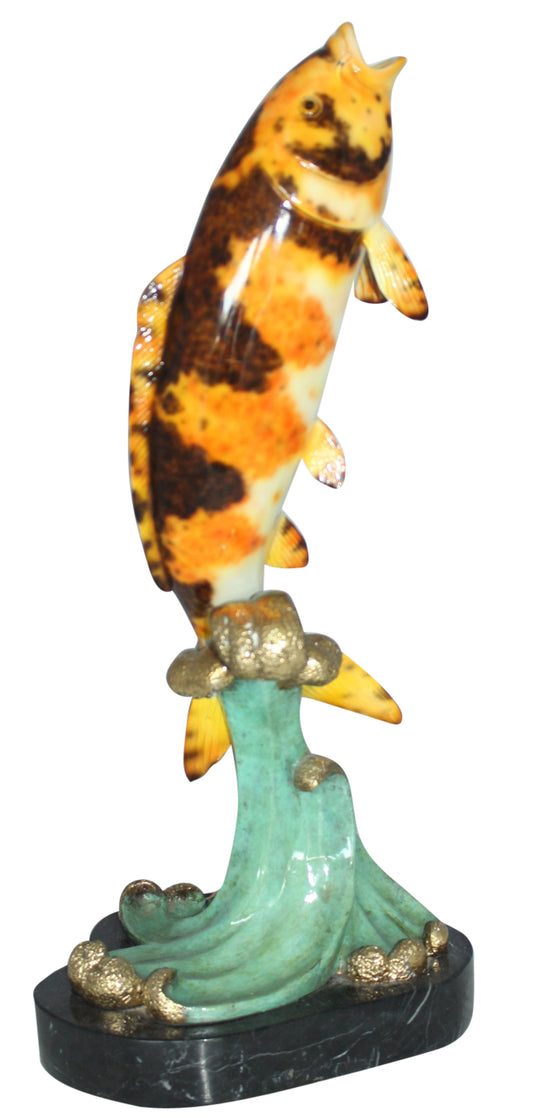Coy Fish Jumping off the Water Bronze Statue - Size: 10"L x 9"W x 22"H.