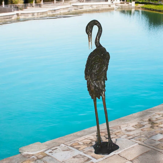 Crane head down fountain Bronze Statue -  Size: 10"L x 9"W x 44"H.