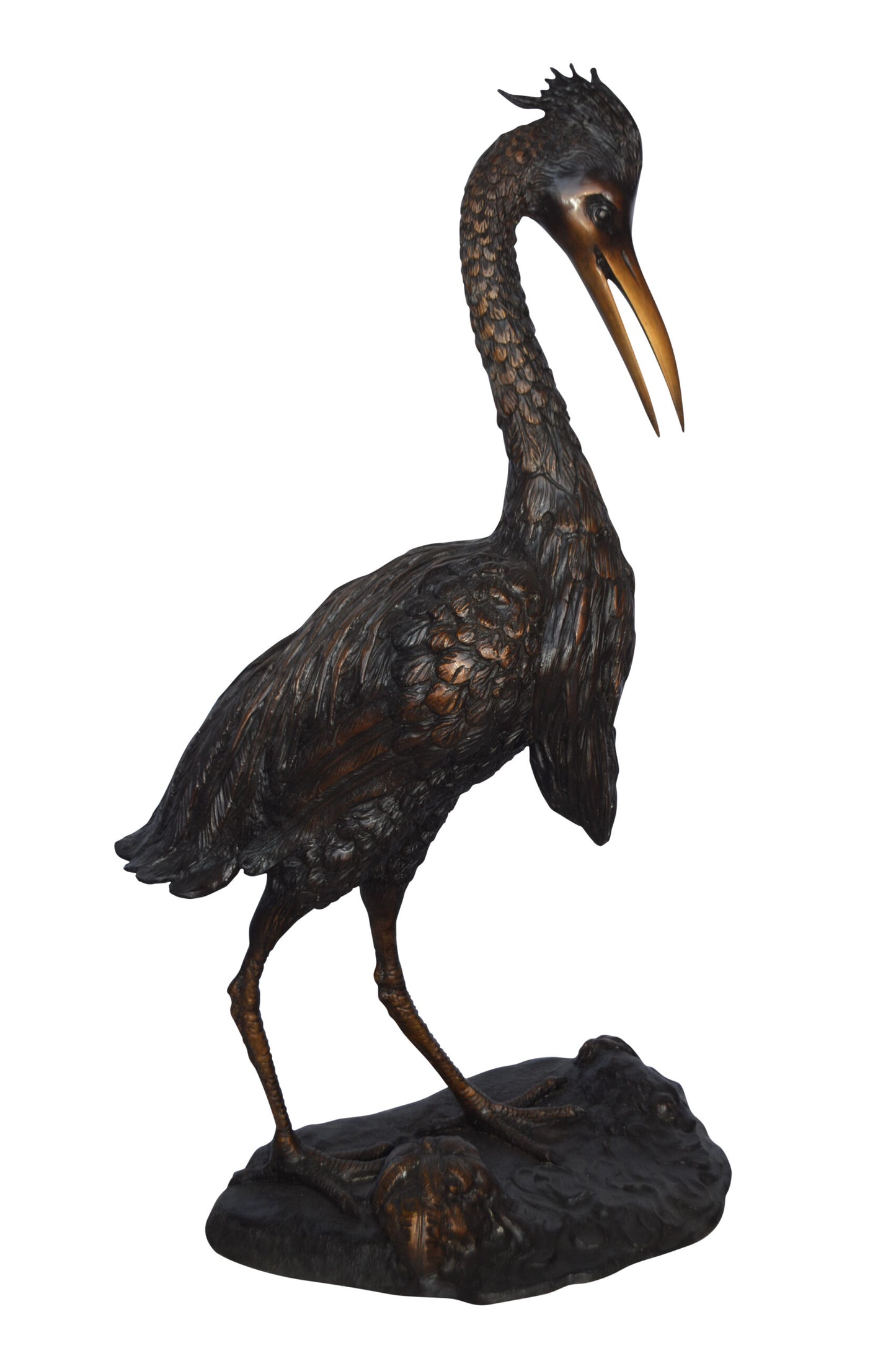 Crane Looking Down Bronze Statue -  Size: 17"L x 12"W x 31"H.