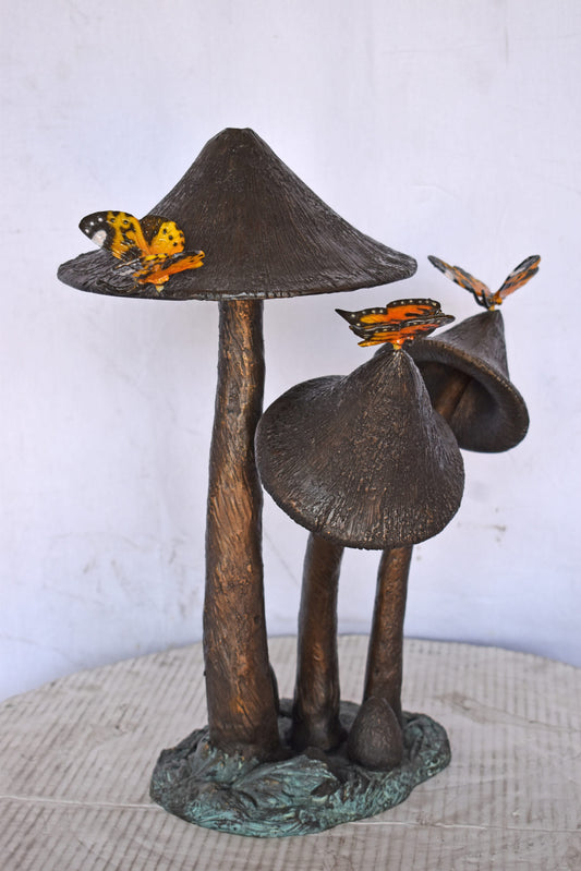 Mushrooms with Butterflies Bronze Statue Fountain - Size: 16"L x 12"W x 18"H.