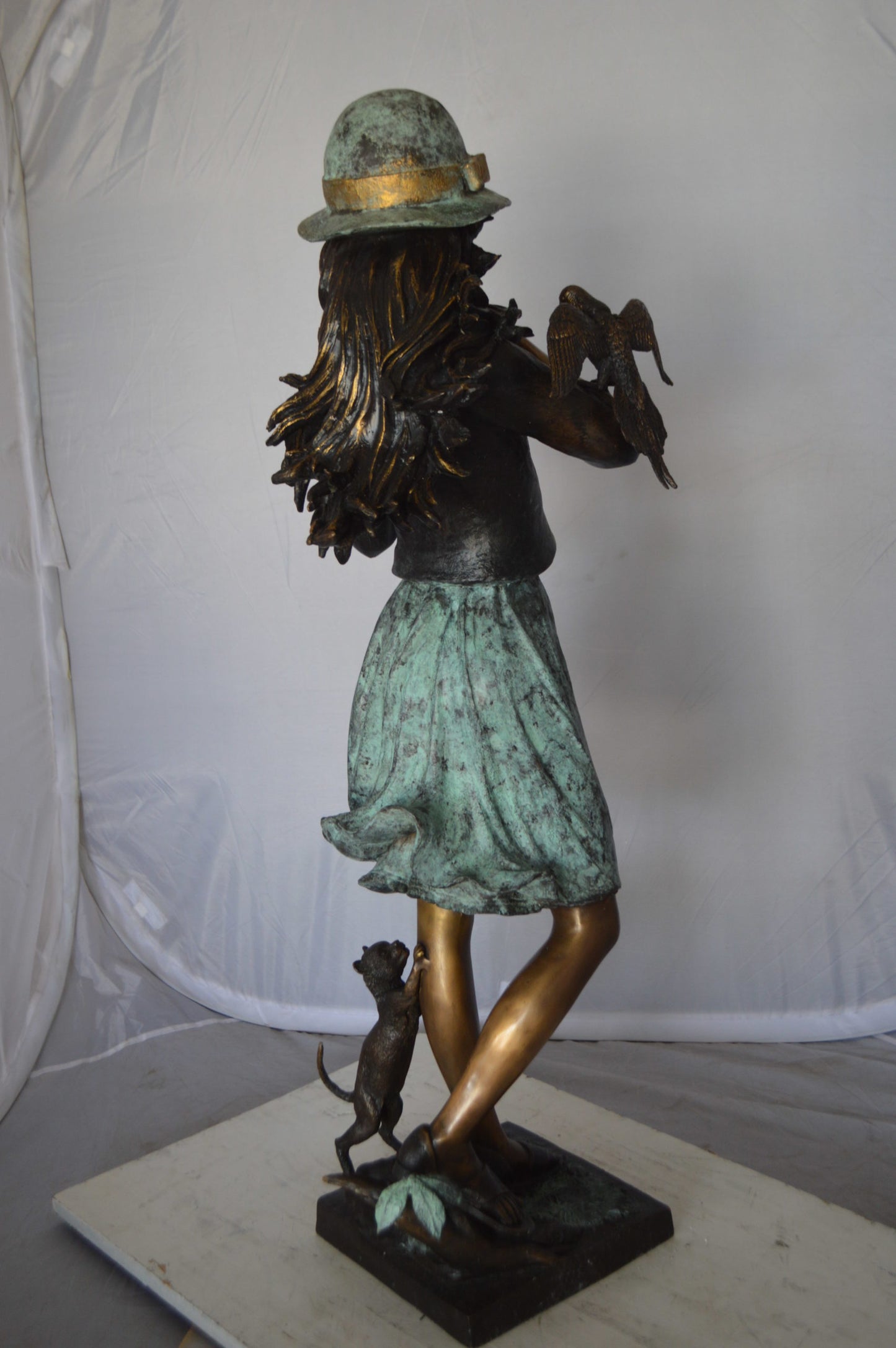 Standing girl with parrots Bronze Statue - Size: 15"L x 16"W x 41"H.
