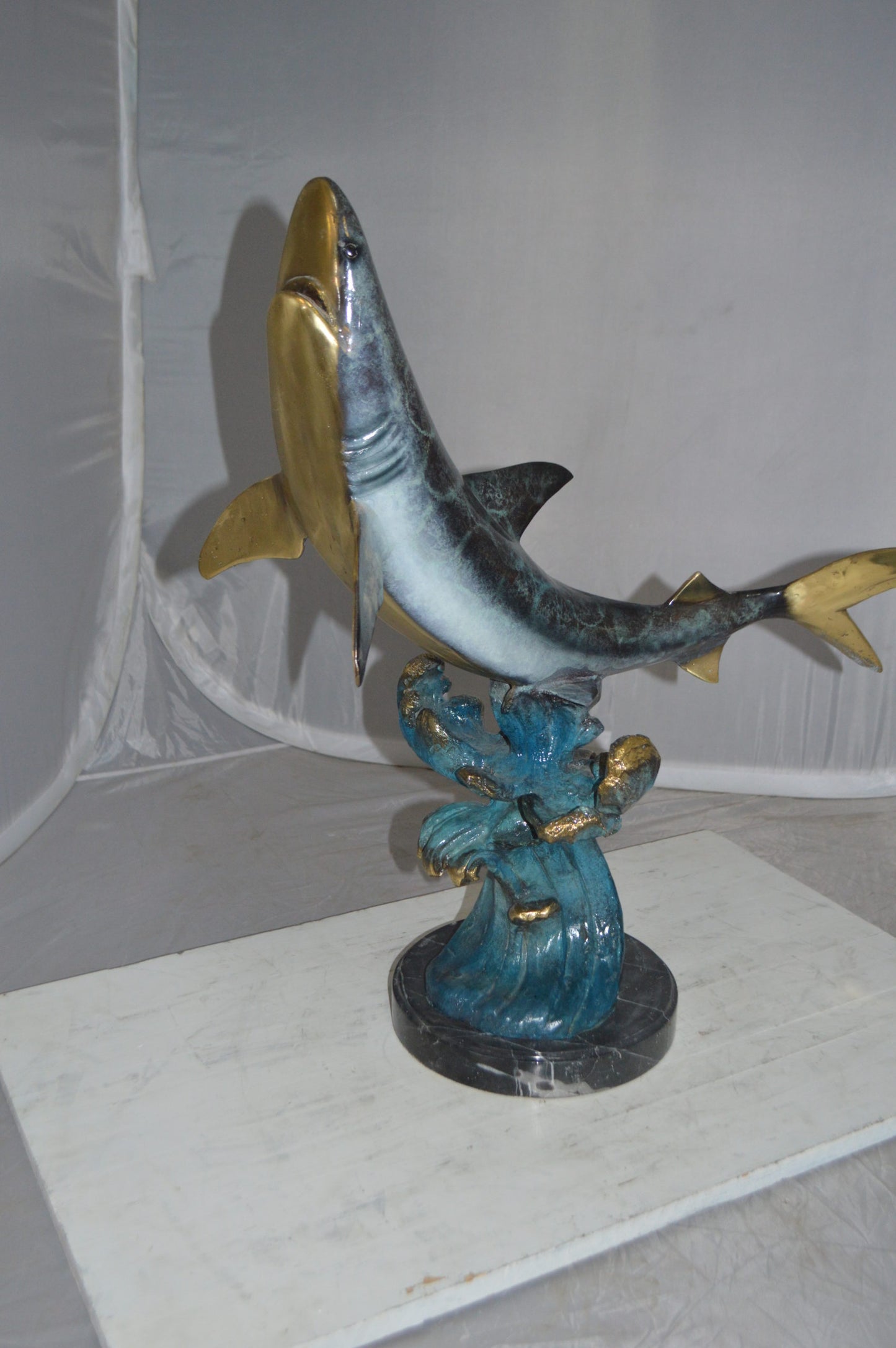 Shark Jumping off the water Bronze Statue -  Size: 14"L x 24"W x 28"H.