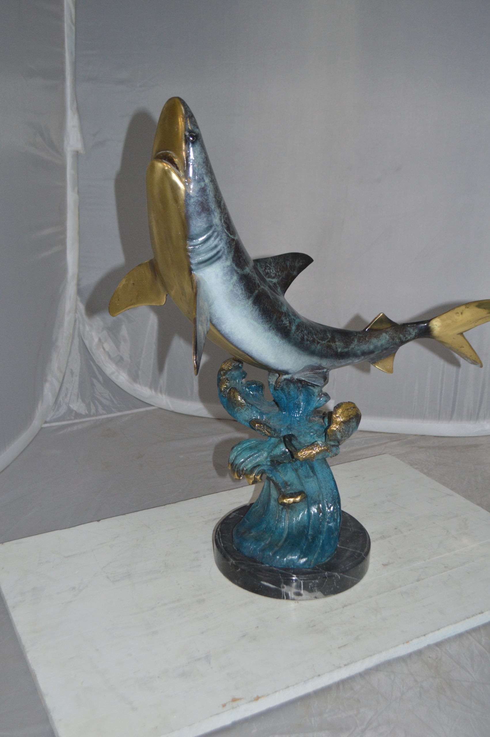Shark Jumping off the water Bronze Statue -  Size: 14"L x 24"W x 28"H.