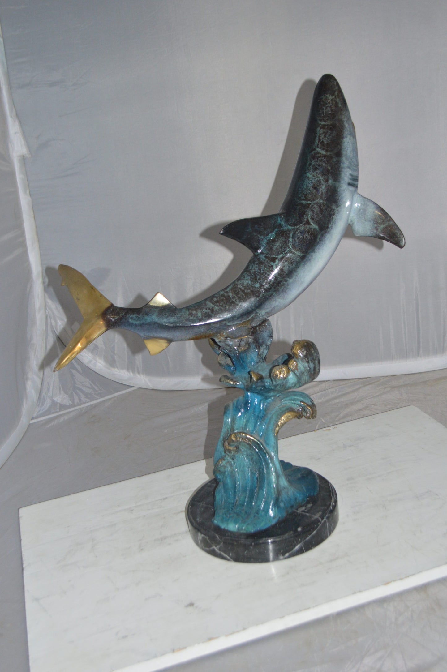 Shark Jumping off the water Bronze Statue -  Size: 14"L x 24"W x 28"H.