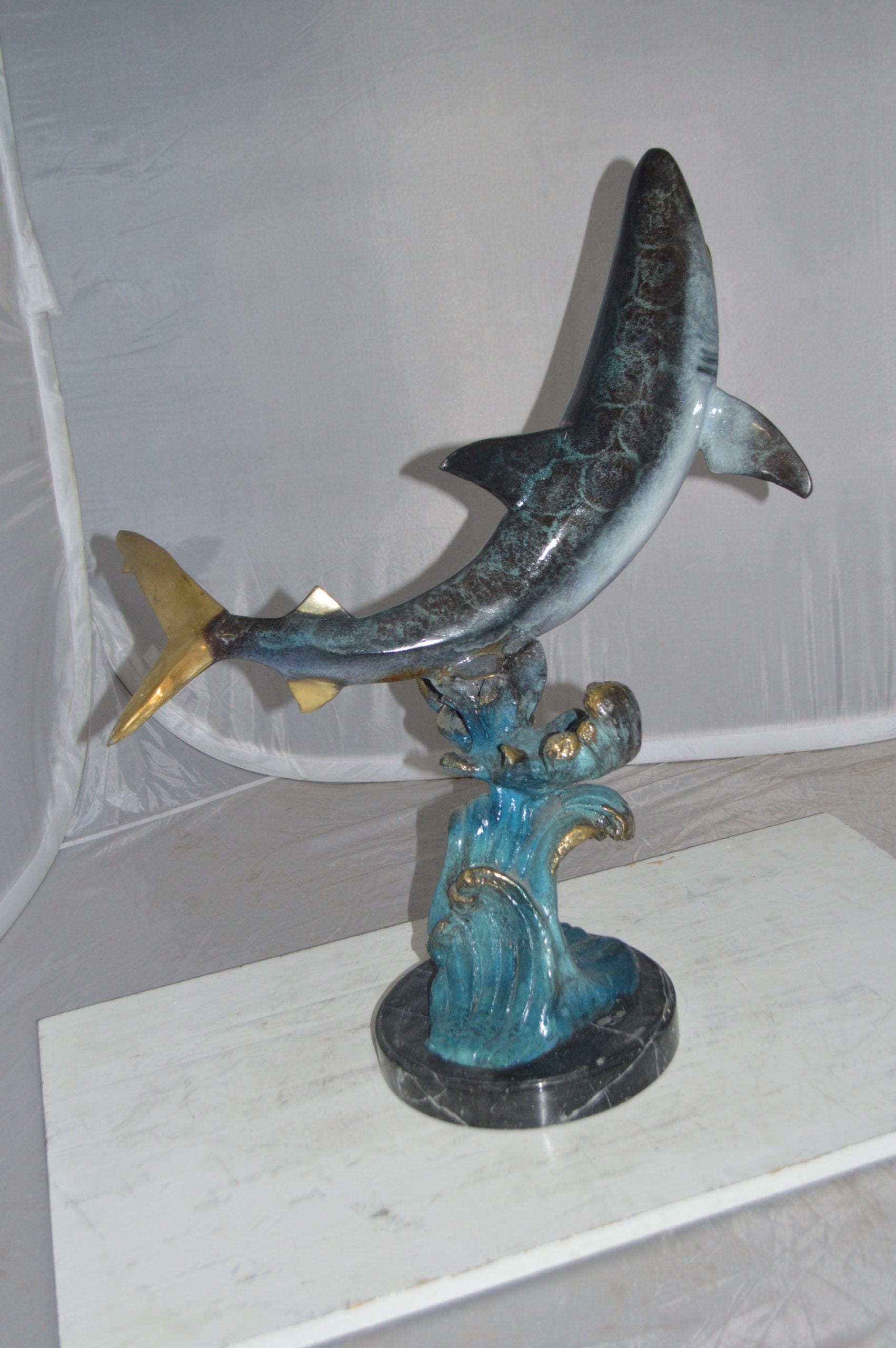 Shark Jumping off the water Bronze Statue -  Size: 14"L x 24"W x 28"H.