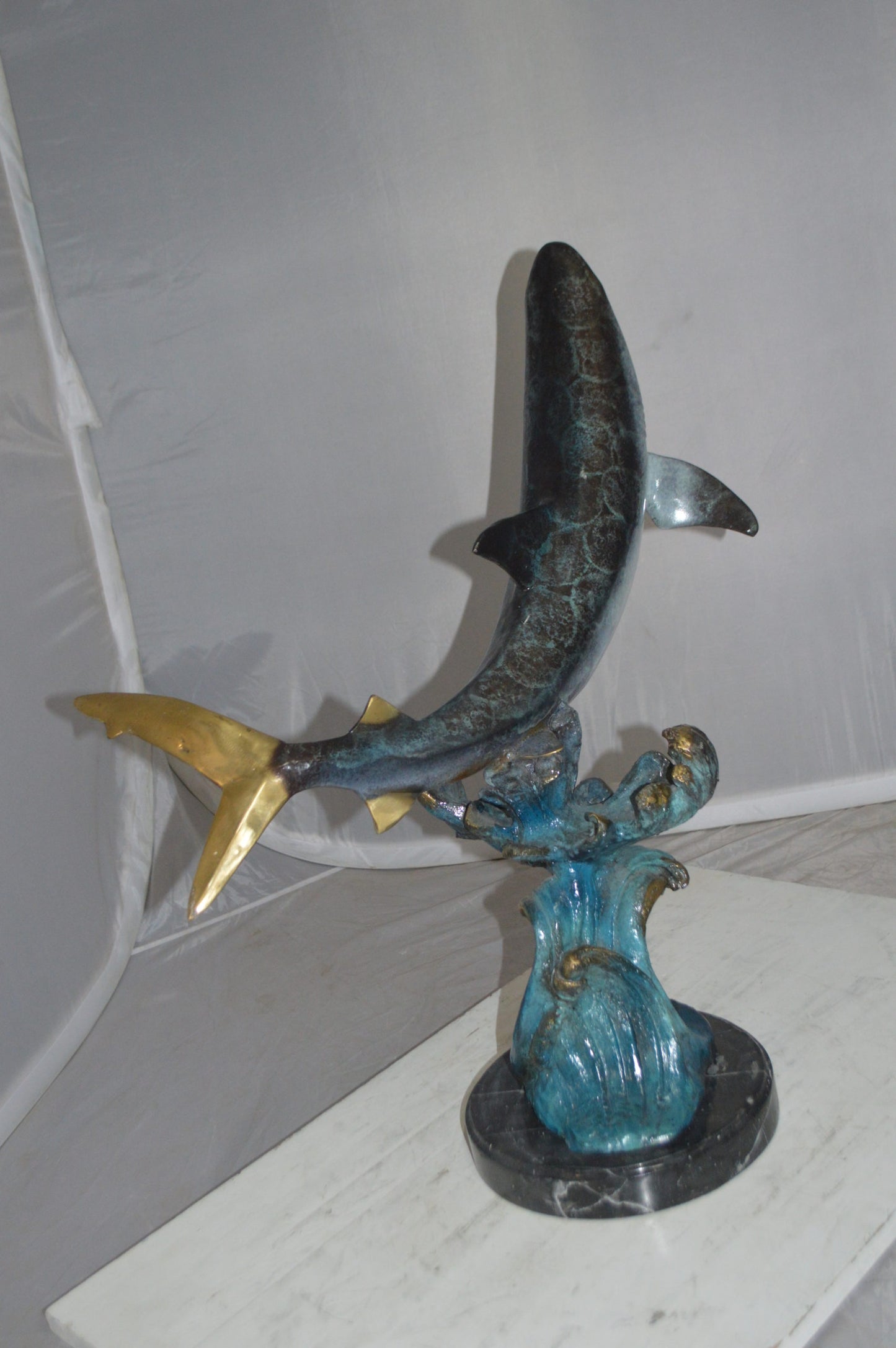 Shark Jumping off the water Bronze Statue -  Size: 14"L x 24"W x 28"H.