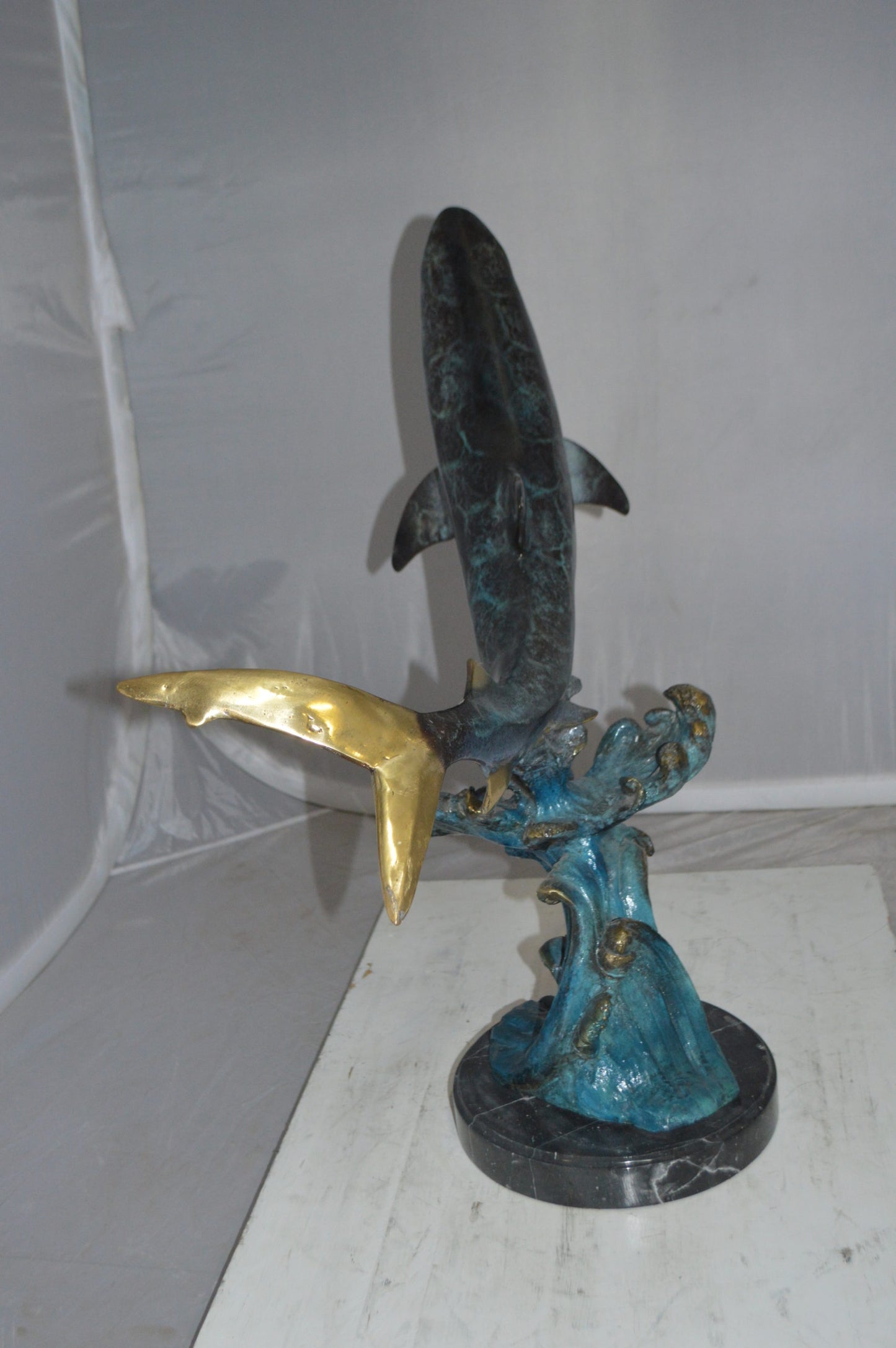 Shark Jumping off the water Bronze Statue -  Size: 14"L x 24"W x 28"H.