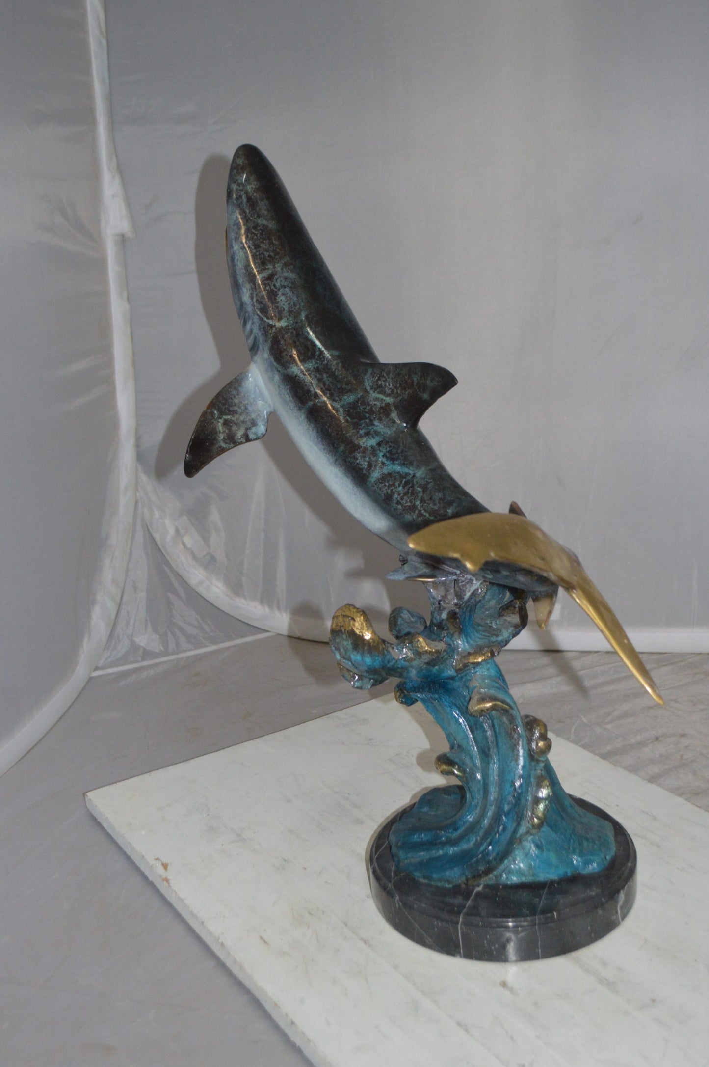 Shark Jumping off the water Bronze Statue -  Size: 14"L x 24"W x 28"H.