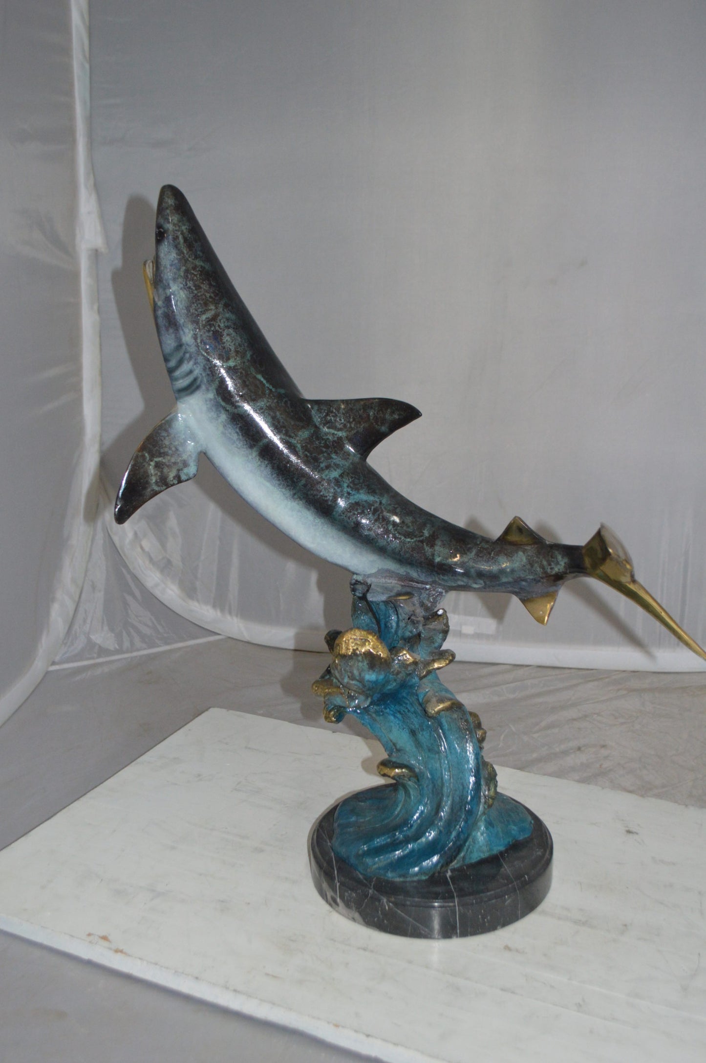 Shark Jumping off the water Bronze Statue - Size: 14"L x 24"W x 28"H.