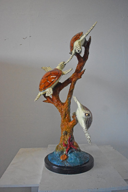 Nifao Three Turtles Bronze Statue on Marble Base – Lost Wax Ocean-Inspired Sculpture with Patina Finish - 32" L x 32" W x 41" H
