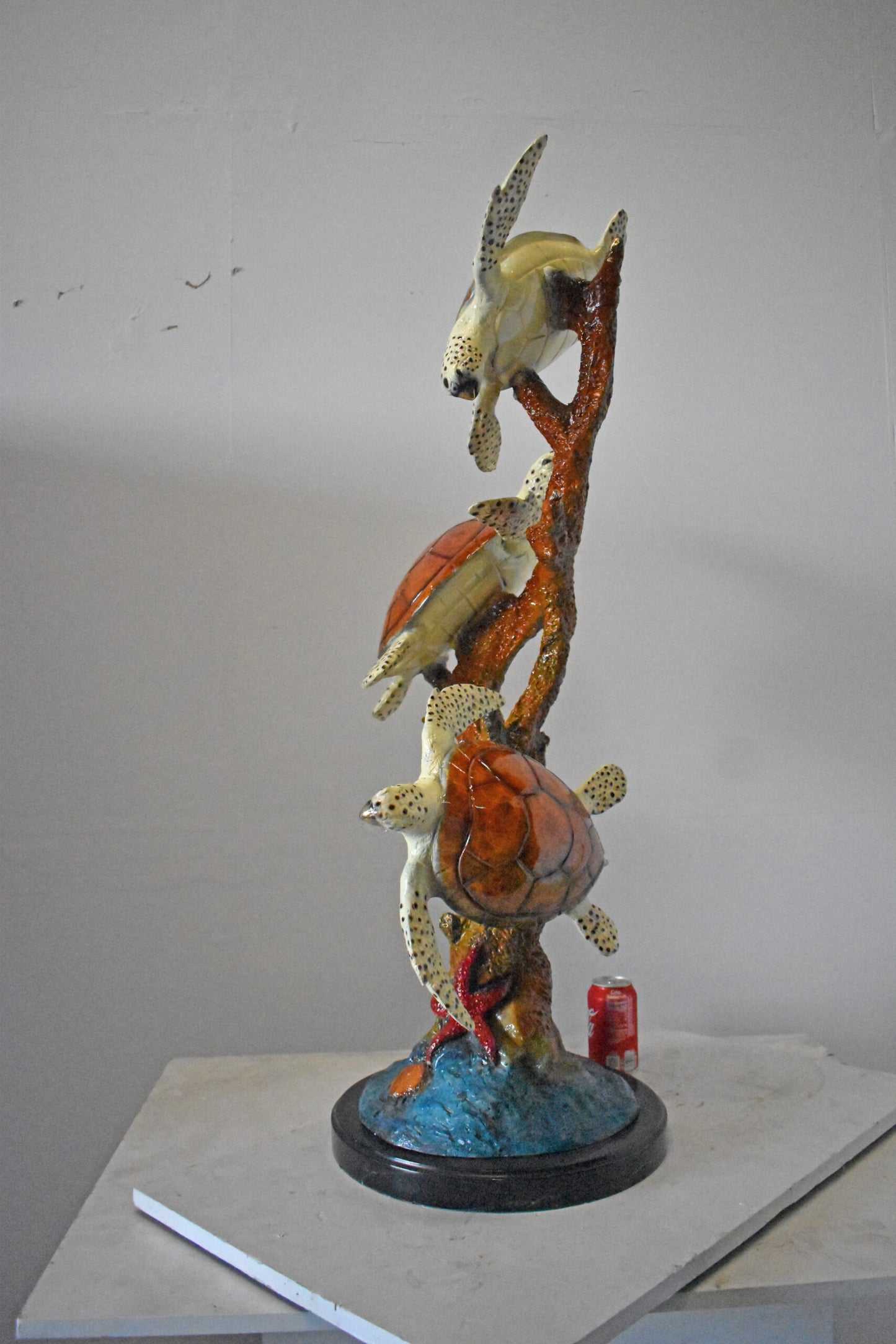 Three Turtles with Coral Bronze Statue - Size: 32"L x 32"W x 41"H.